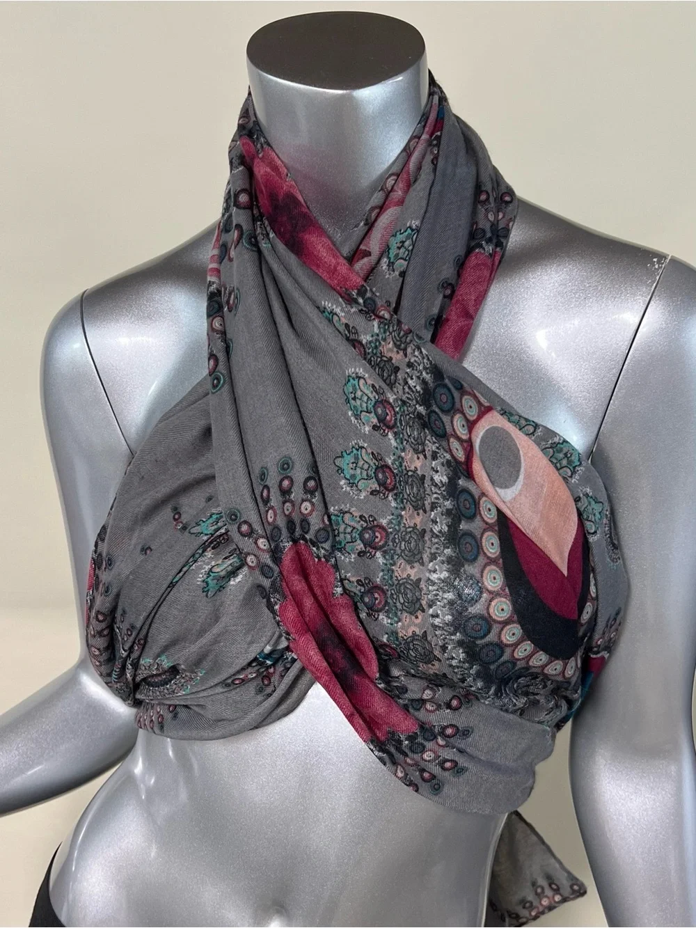 Long Large Scarf Geometric Colorful Boho Floral Print Soft Grey 32”x70”